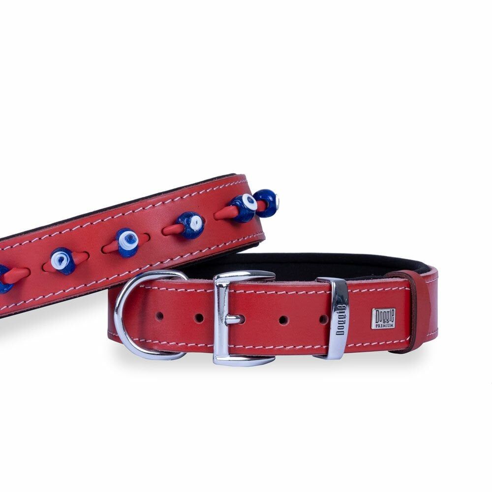 Doggie Konforlu Gerçek Deriden El Yapımı Nazar Boncuklu Köpek Boyun Tasması 3,5x47-55cm - Red