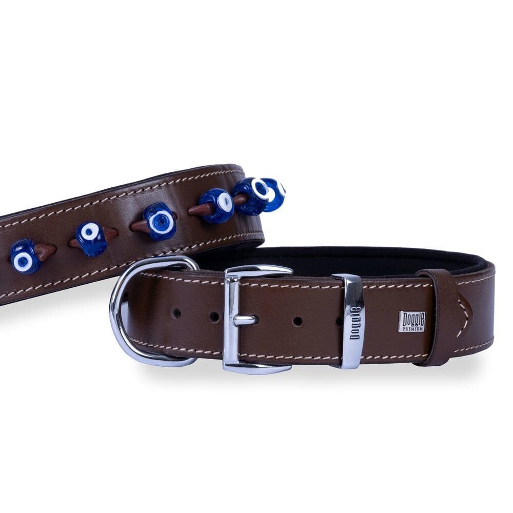 Doggie Konforlu Gerçek Deriden El Yapımı Nazar Boncuklu Köpek Boyun Tasması 4x52-60cm - Brown