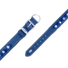 Doggie Konforlu Gerçek Deriden El Yapımı Nazar Boncuklu Köpek Boyun Tasması 4x52-60cm - Royal Blue