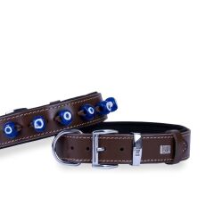 Doggie Konforlu Gerçek Deriden El Yapımı Nazar Boncuklu Köpek Boyun Tasması 3,5x52-60cm - Brown