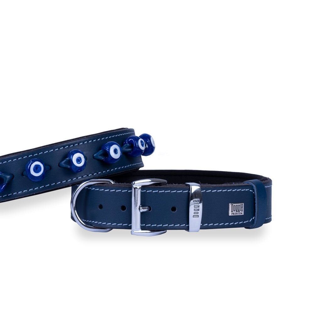 Doggie Konforlu Gerçek Deriden El Yapımı Nazar Boncuklu Köpek Boyun Tasması 3,5x52-60cm - Royal Blue