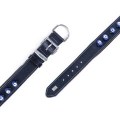 Doggie Konforlu Gerçek Deriden El Yapımı Nazar Boncuklu Köpek Boyun Tasması 3,5x52-60cm - Black