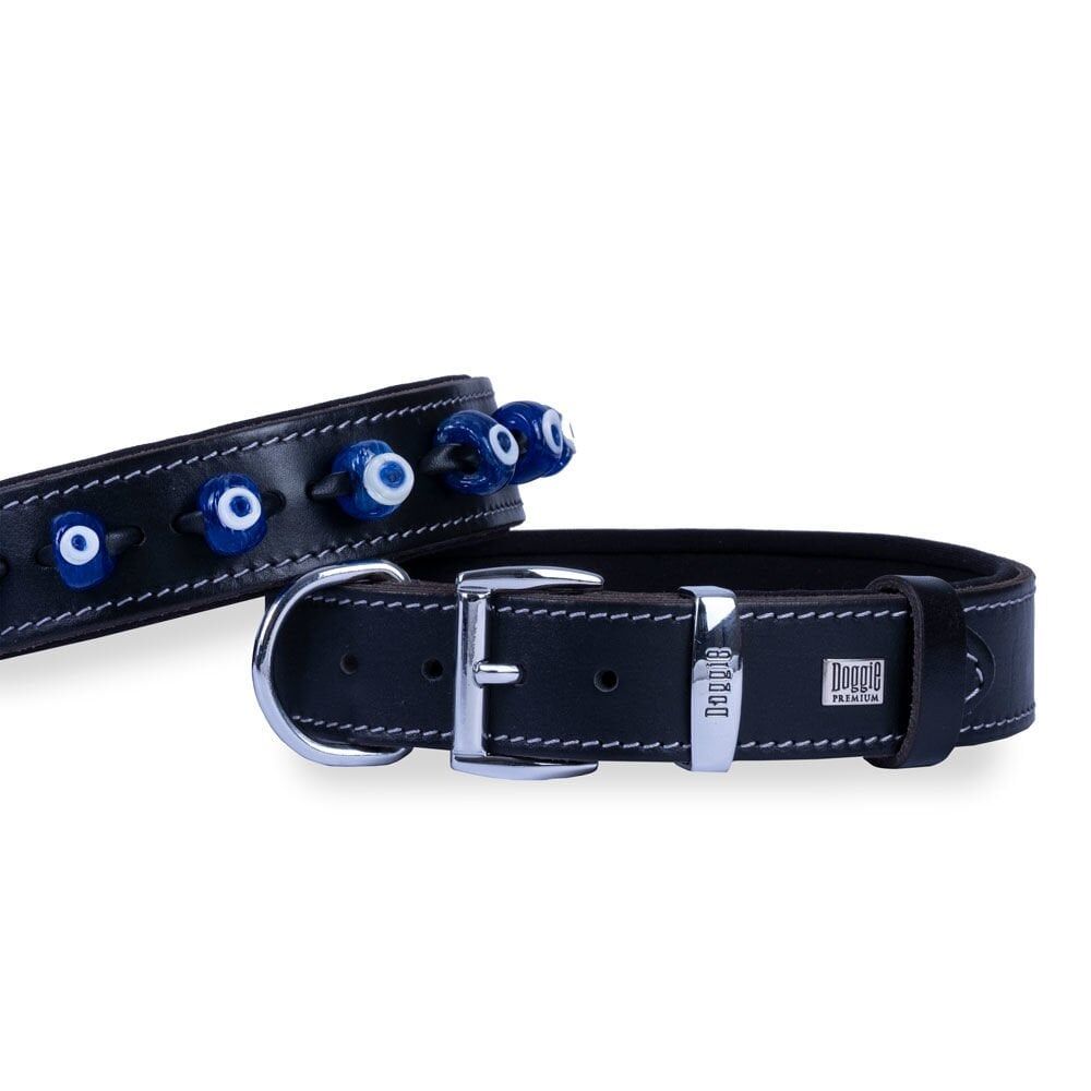 Doggie Konforlu Gerçek Deriden El Yapımı Nazar Boncuklu Köpek Boyun Tasması 3,5x52-60cm - Black