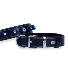 Doggie Konforlu Gerçek Deriden El Yapımı Nazar Boncuklu Köpek Boyun Tasması 3,5x52-60cm - Black