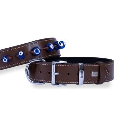 Doggie Konforlu Gerçek Deriden El Yapımı Nazar Boncuklu Köpek Boyun Tasması 4x57-65cm - Brown