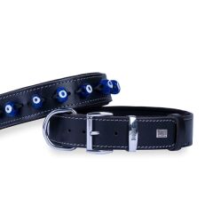 Doggie Konforlu Gerçek Deriden El Yapımı Nazar Boncuklu Köpek Boyun Tasması 4x57-65cm - Black