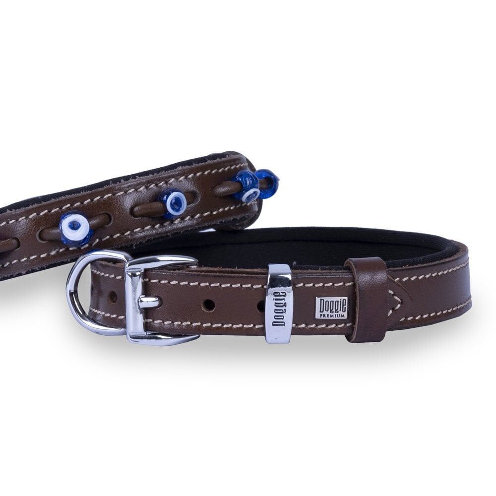 Doggie Konforlu Gerçek Deriden El Yapımı Nazar Boncuklu Köpek Boyun Tasması 2x30-35cm - Brown