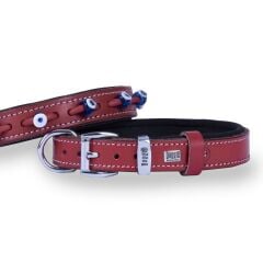 Doggie Konforlu Gerçek Deriden El Yapımı Nazar Boncuklu Köpek Boyun Tasması 2x30-35cm - Red