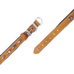 Doggie Konforlu Gerçek Deriden El Yapımı Nazar Boncuklu Köpek Boyun Tasması 2x35-40cm - Camel