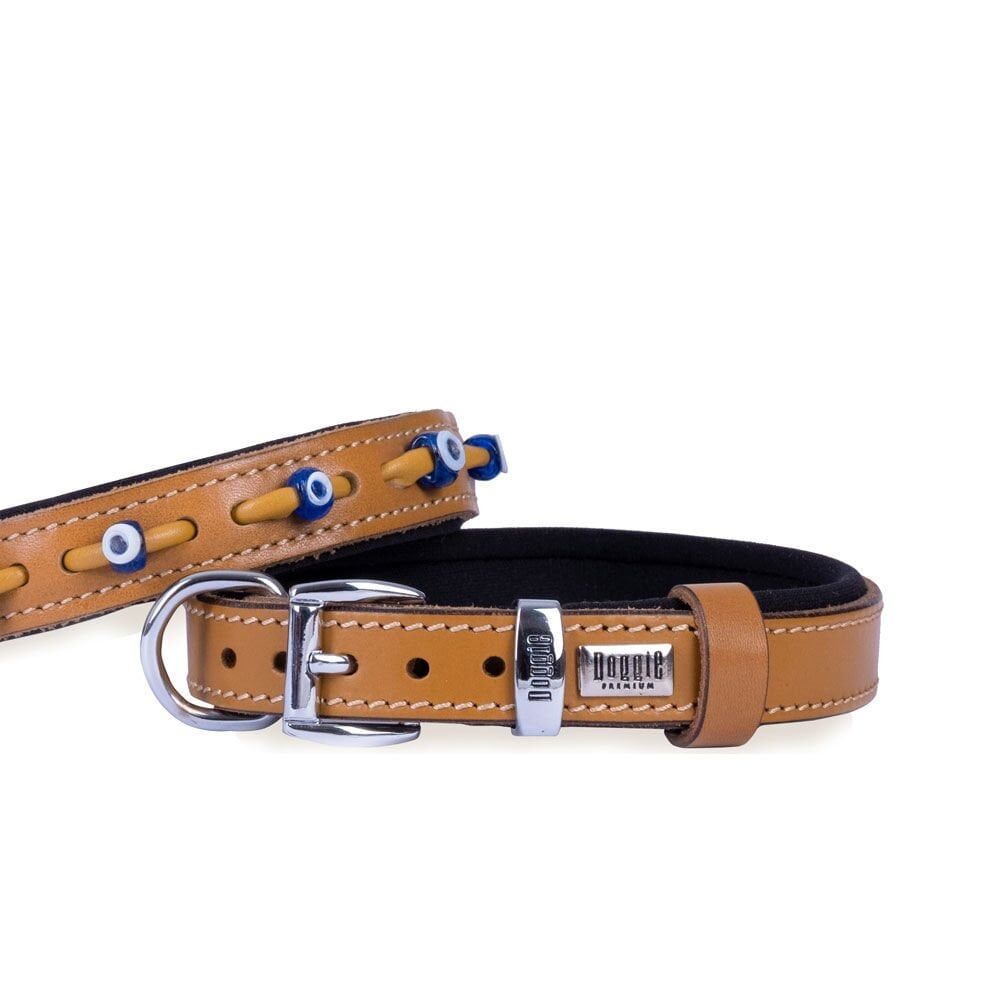 Doggie Konforlu Gerçek Deriden El Yapımı Nazar Boncuklu Köpek Boyun Tasması 2x35-40cm - Camel