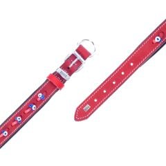 Doggie Konforlu Gerçek Deriden El Yapımı Nazar Boncuklu Köpek Boyun Tasması 2x35-40cm - Red