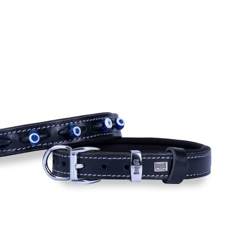 Doggie Konforlu Gerçek Deriden El Yapımı Nazar Boncuklu Köpek Boyun Tasması 2x35-40cm - Black