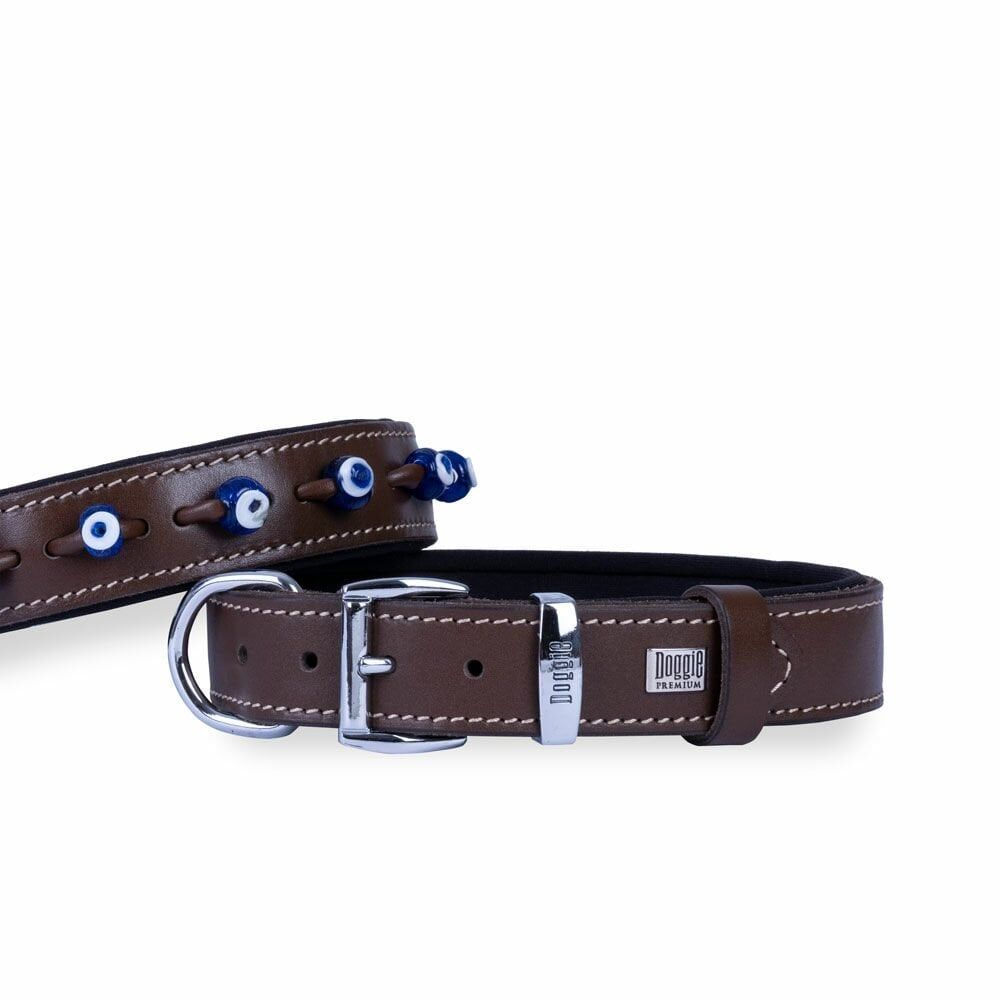Doggie Konforlu Gerçek Deriden El Yapımı Nazar Boncuklu Köpek Boyun Tasması 2,5x37-45cm - Brown