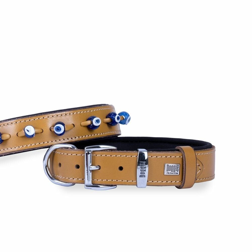 Doggie Konforlu Gerçek Deriden El Yapımı Nazar Boncuklu Köpek Boyun Tasması 2,5x37-45cm - Camel
