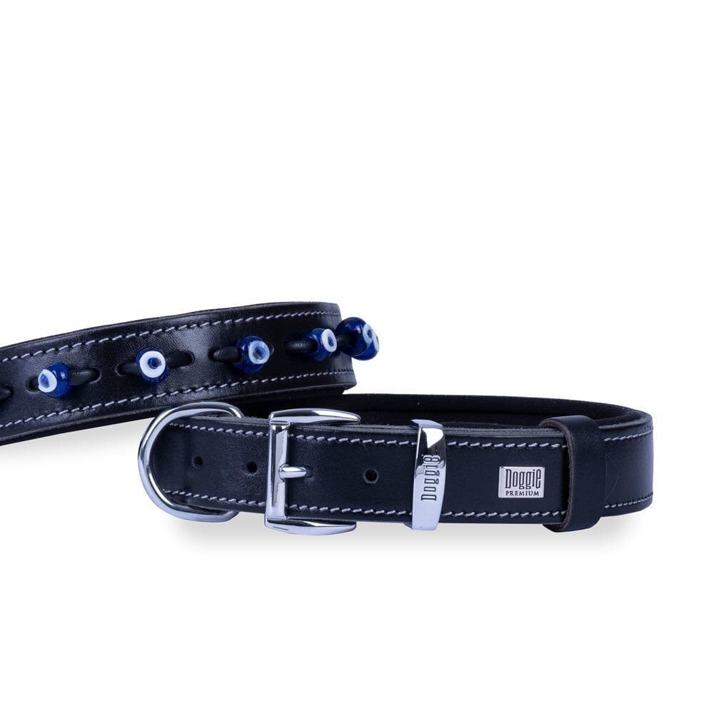 Doggie Konforlu Gerçek Deriden El Yapımı Nazar Boncuklu Köpek Boyun Tasması 2,5x37-45cm - Black