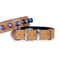 Doggie Konforlu Gerçek Deriden El Yapımı Nazar Boncuklu Köpek Boyun Tasması 4x47-55cm - Camel