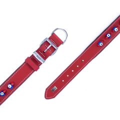 Doggie Konforlu Gerçek Deriden El Yapımı Nazar Boncuklu Köpek Boyun Tasması 4x47-55cm - Red
