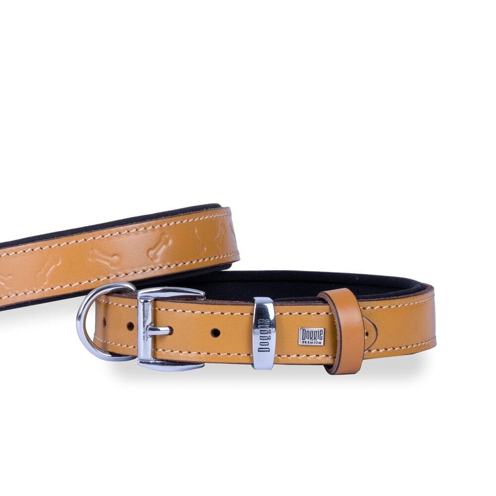 Doggie Konforlu Gerçek Deriden El Yapımı Kemik Desenli Köpek Boyun Tasması 3x42-50cm - Camel