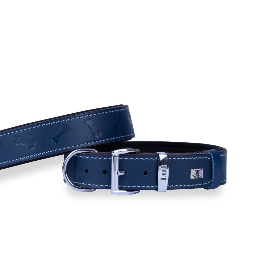 Doggie Konforlu Gerçek Deriden El Yapımı Kemik Desenli Köpek Boyun Tasması 3,5x47-55cm - Royal Blue