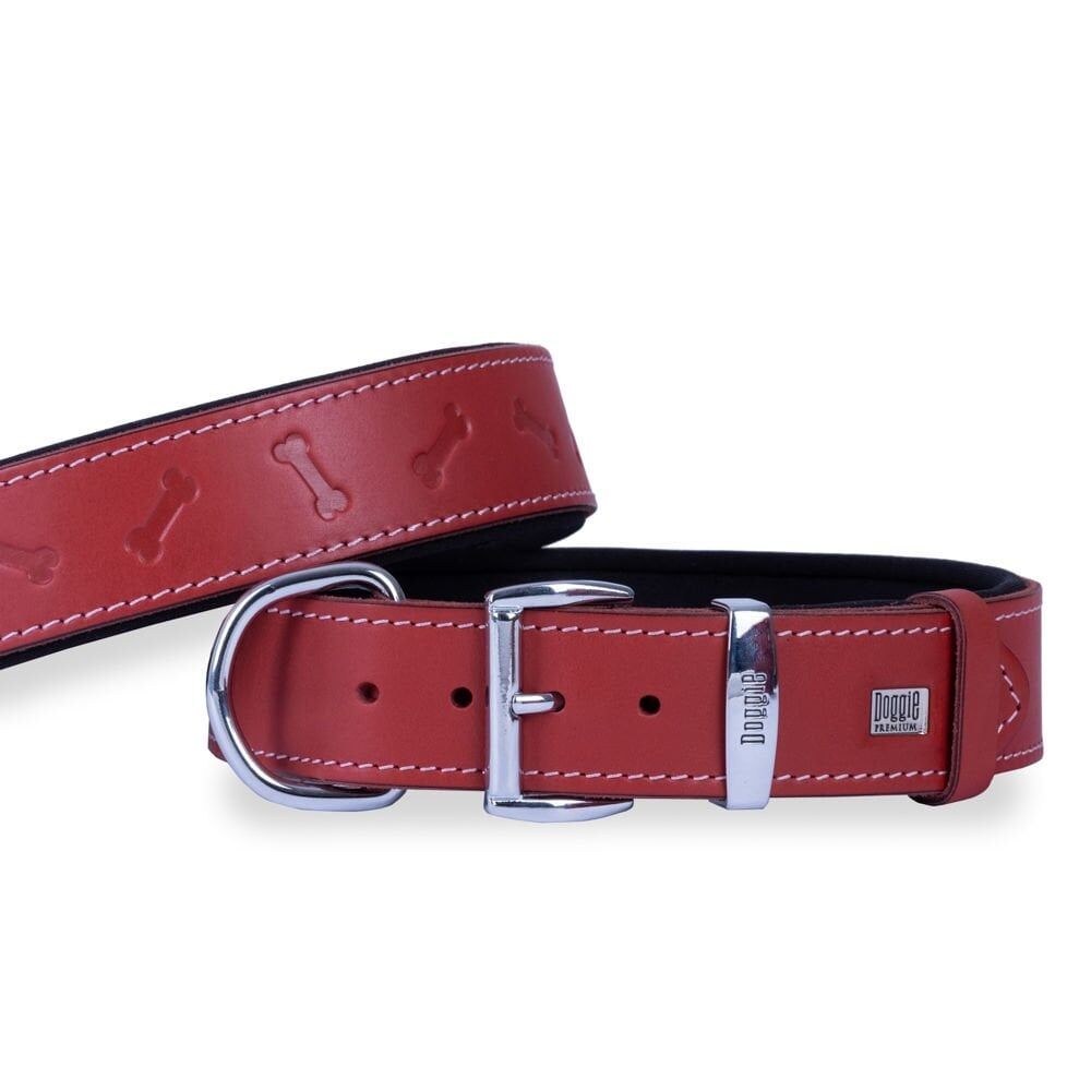 Doggie Konforlu Gerçek Deriden El Yapımı Kemik Desenli Köpek Boyun Tasması 4x52-60cm - Red