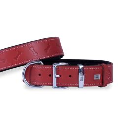 Doggie Konforlu Gerçek Deriden El Yapımı Kemik Desenli Köpek Boyun Tasması 4x52-60cm - Red