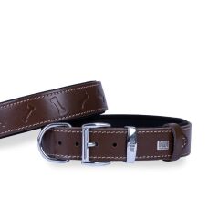 Doggie Konforlu Gerçek Deriden El Yapımı Kemik Desenli Köpek Boyun Tasması 3,5x52-60cm - Brown