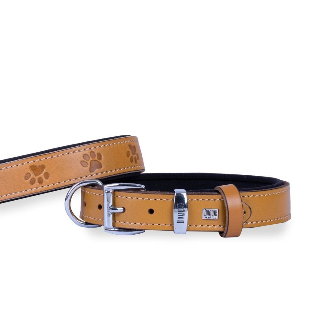 Doggie Konforlu Gerçek Deriden El Yapımı Pati Desenli Köpek Boyun Tasması 3x42-50cm - Camel