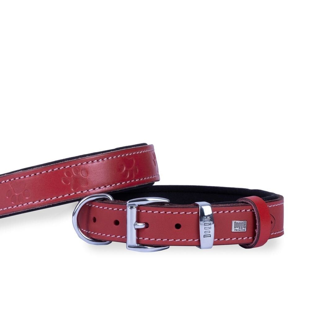 Doggie Konforlu Gerçek Deriden El Yapımı Pati Desenli Köpek Boyun Tasması 3x42-50cm - Red