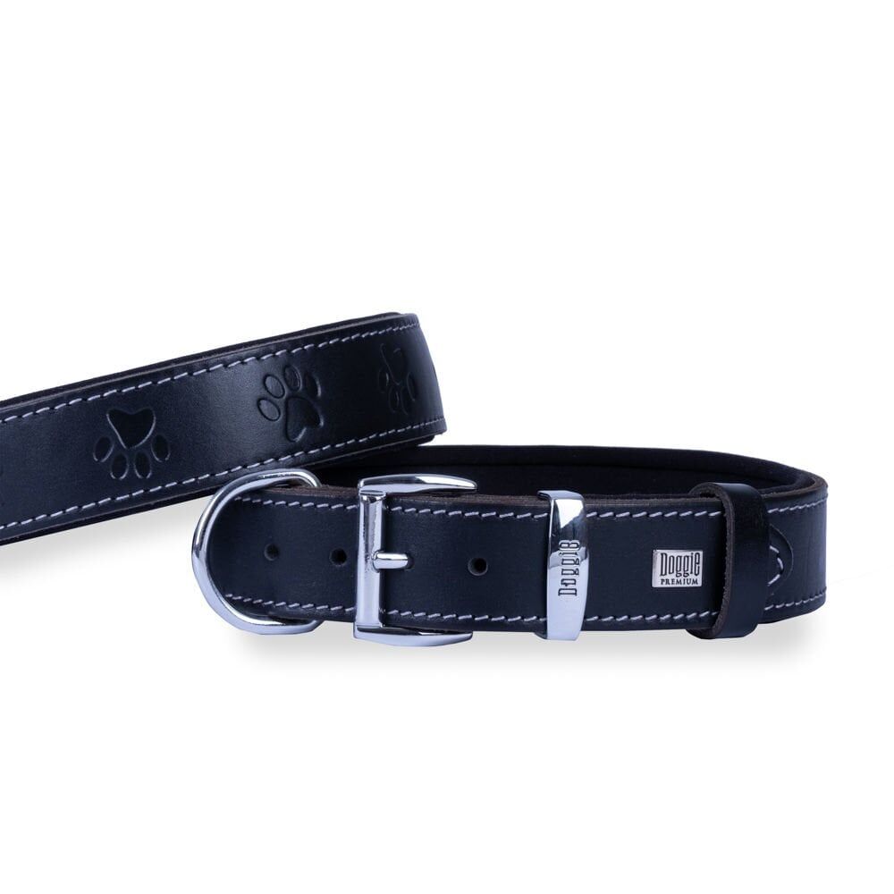 Doggie Konforlu Gerçek Deriden El Yapımı Pati Desenli Köpek Boyun Tasması 3,5x47-55cm - Black