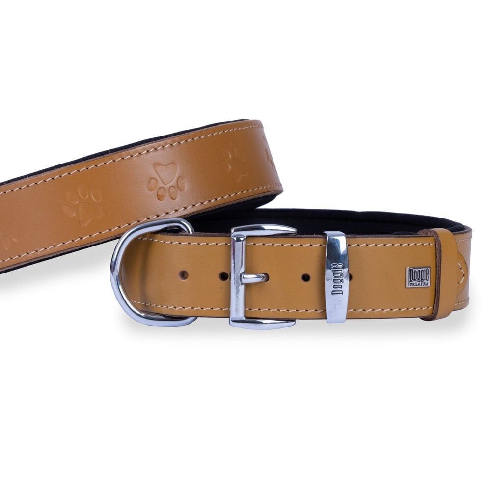 Doggie Konforlu Gerçek Deriden El Yapımı Pati Desenli Köpek Boyun Tasması 4x52-60cm - Camel