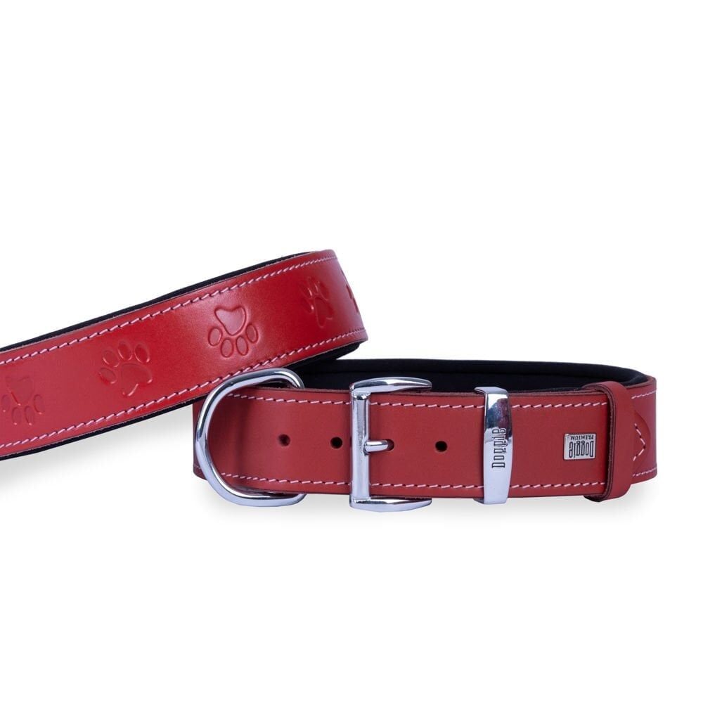 Doggie Konforlu Gerçek Deriden El Yapımı Pati Desenli Köpek Boyun Tasması 4x52-60cm - Red