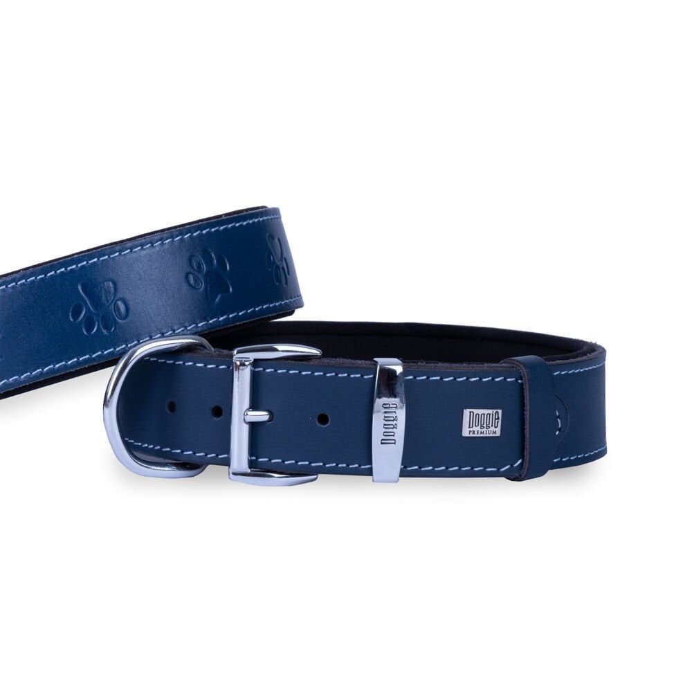 Doggie Konforlu Gerçek Deriden El Yapımı Pati Desenli Köpek Boyun Tasması 4x57-65cm - Royal Blue