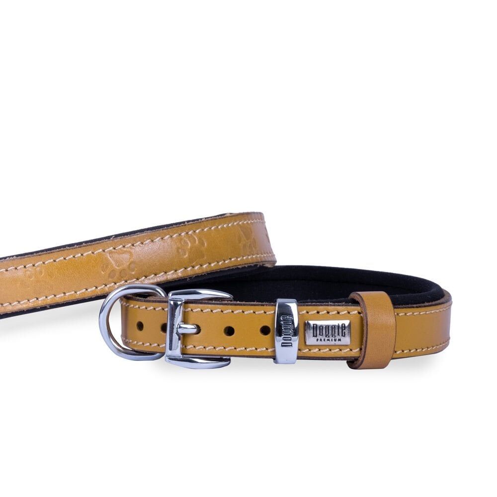 Doggie Konforlu Gerçek Deriden El Yapımı Pati Desenli Köpek Boyun Tasması 2x35-40cm - Camel