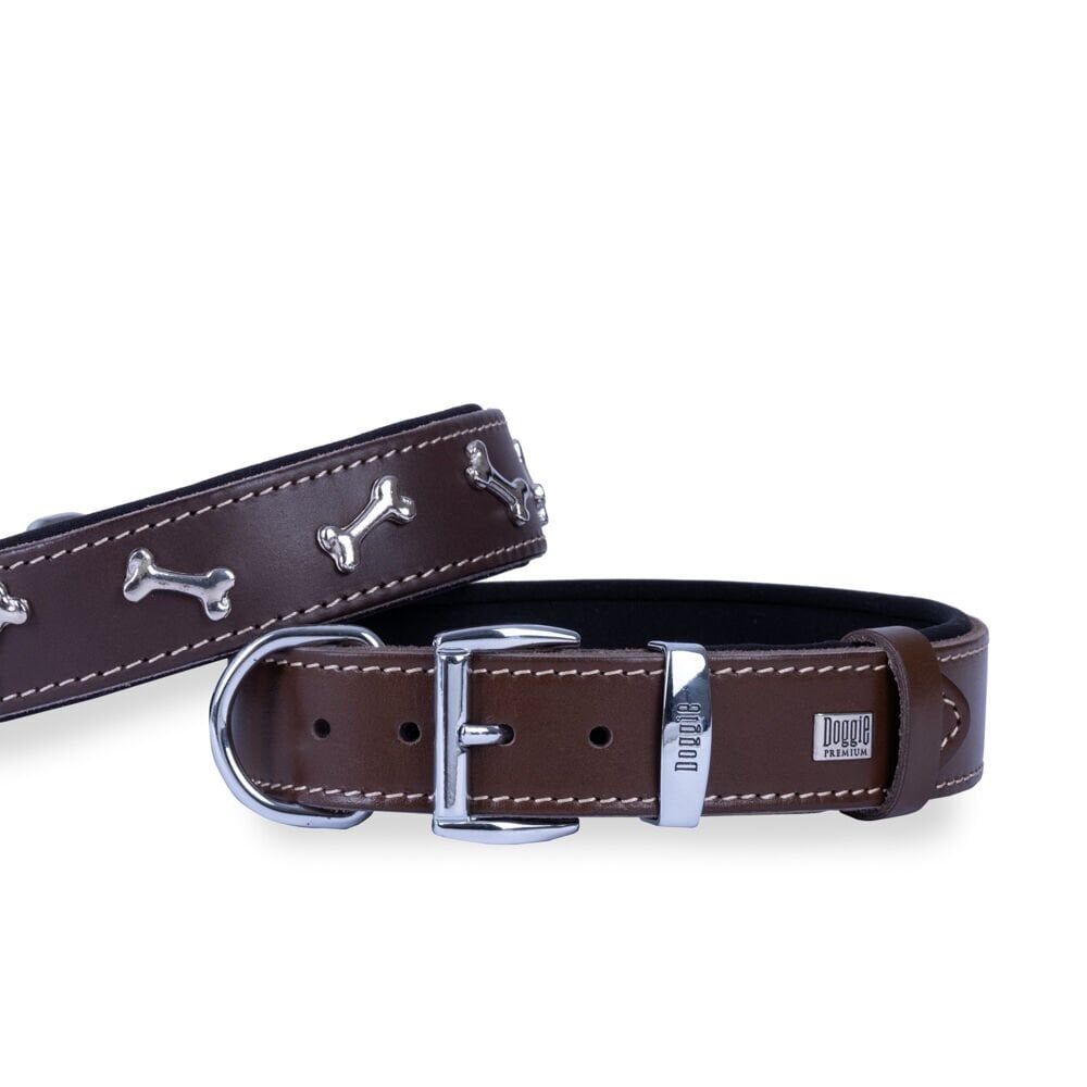 Doggie Konforlu Gerçek Deriden El Yapımı Kemik Süslü Köpek Boyun Tasması 3,5x47-55cm - Brown