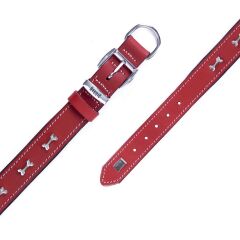 Doggie Konforlu Gerçek Deriden El Yapımı Kemik Süslü Köpek Boyun Tasması 3,5x47-55cm - Red