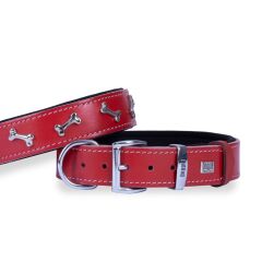 Doggie Konforlu Gerçek Deriden El Yapımı Kemik Süslü Köpek Boyun Tasması 3,5x47-55cm - Red