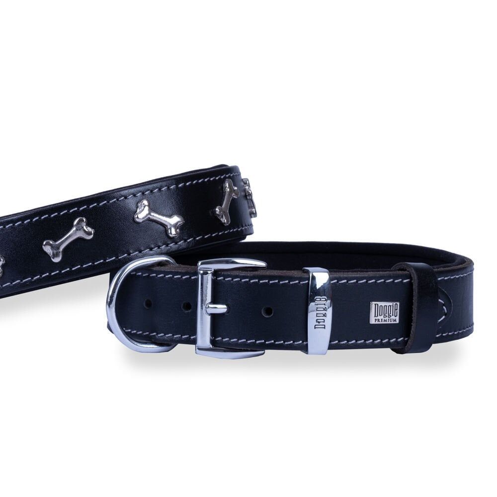 Doggie Konforlu Gerçek Deriden El Yapımı Kemik Süslü Köpek Boyun Tasması 3,5x47-55cm - Black