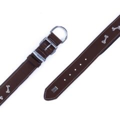 Doggie Konforlu Gerçek Deriden El Yapımı Kemik Süslü Köpek Boyun Tasması 4x52-60cm - Brown
