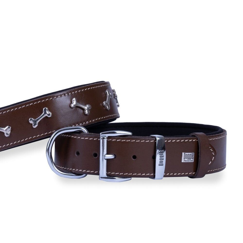 Doggie Konforlu Gerçek Deriden El Yapımı Kemik Süslü Köpek Boyun Tasması 4x52-60cm - Brown