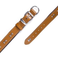 Doggie Konforlu Gerçek Deriden El Yapımı Kemik Süslü Köpek Boyun Tasması 3,5x52-60cm - Camel
