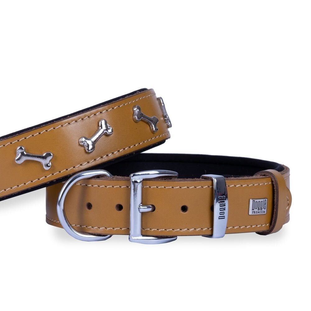 Doggie Konforlu Gerçek Deriden El Yapımı Kemik Süslü Köpek Boyun Tasması 3,5x52-60cm - Camel