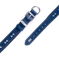 Doggie Konforlu Gerçek Deriden El Yapımı Kemik Süslü Köpek Boyun Tasması 3,5x52-60cm - Royal Blue