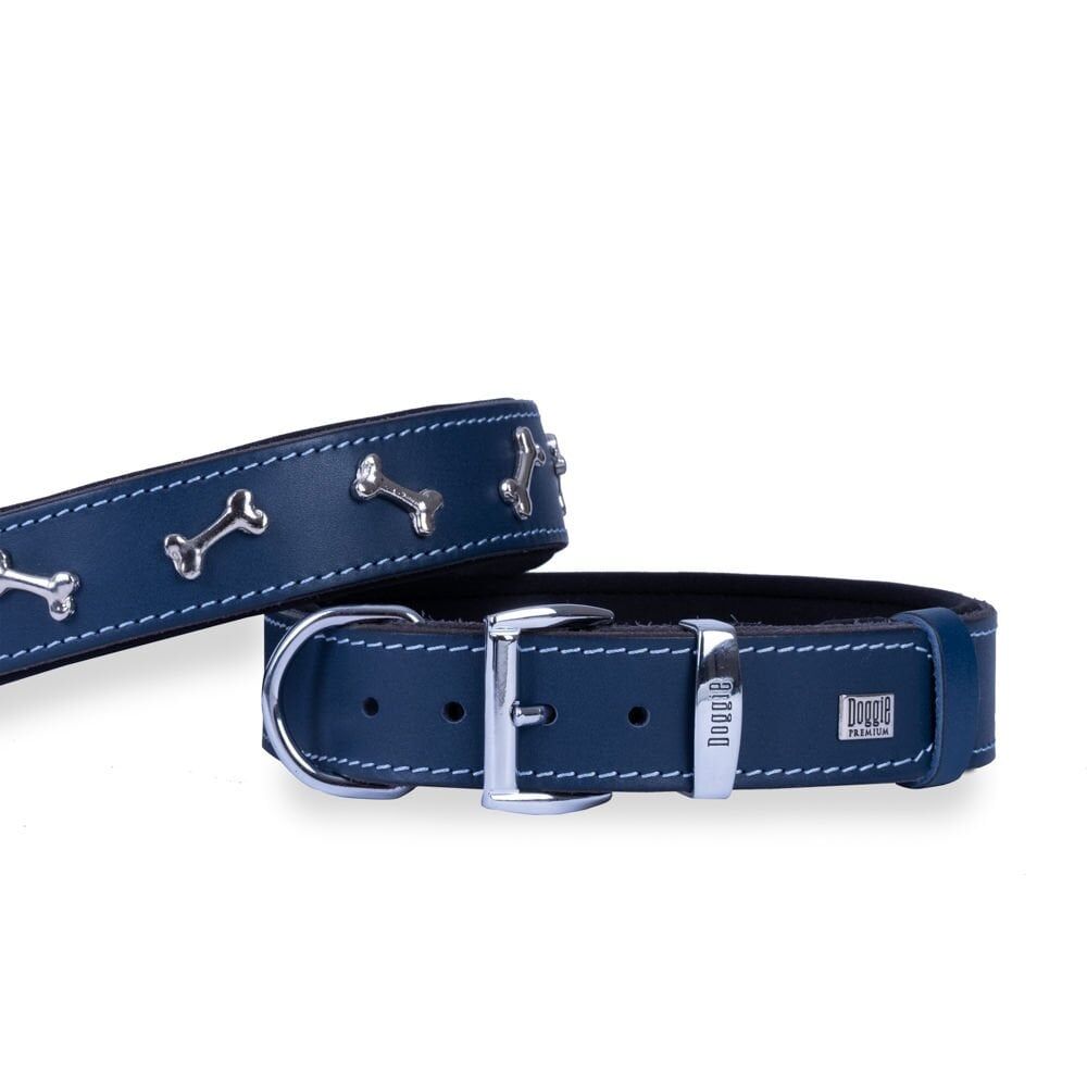 Doggie Konforlu Gerçek Deriden El Yapımı Kemik Süslü Köpek Boyun Tasması 3,5x52-60cm - Royal Blue