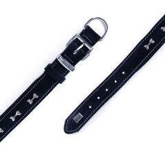 Doggie Konforlu Gerçek Deriden El Yapımı Kemik Süslü Köpek Boyun Tasması 3,5x52-60cm - Black