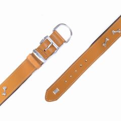 Doggie Konforlu Gerçek Deriden El Yapımı Kemik Süslü Köpek Boyun Tasması 4x57-65cm - Camel