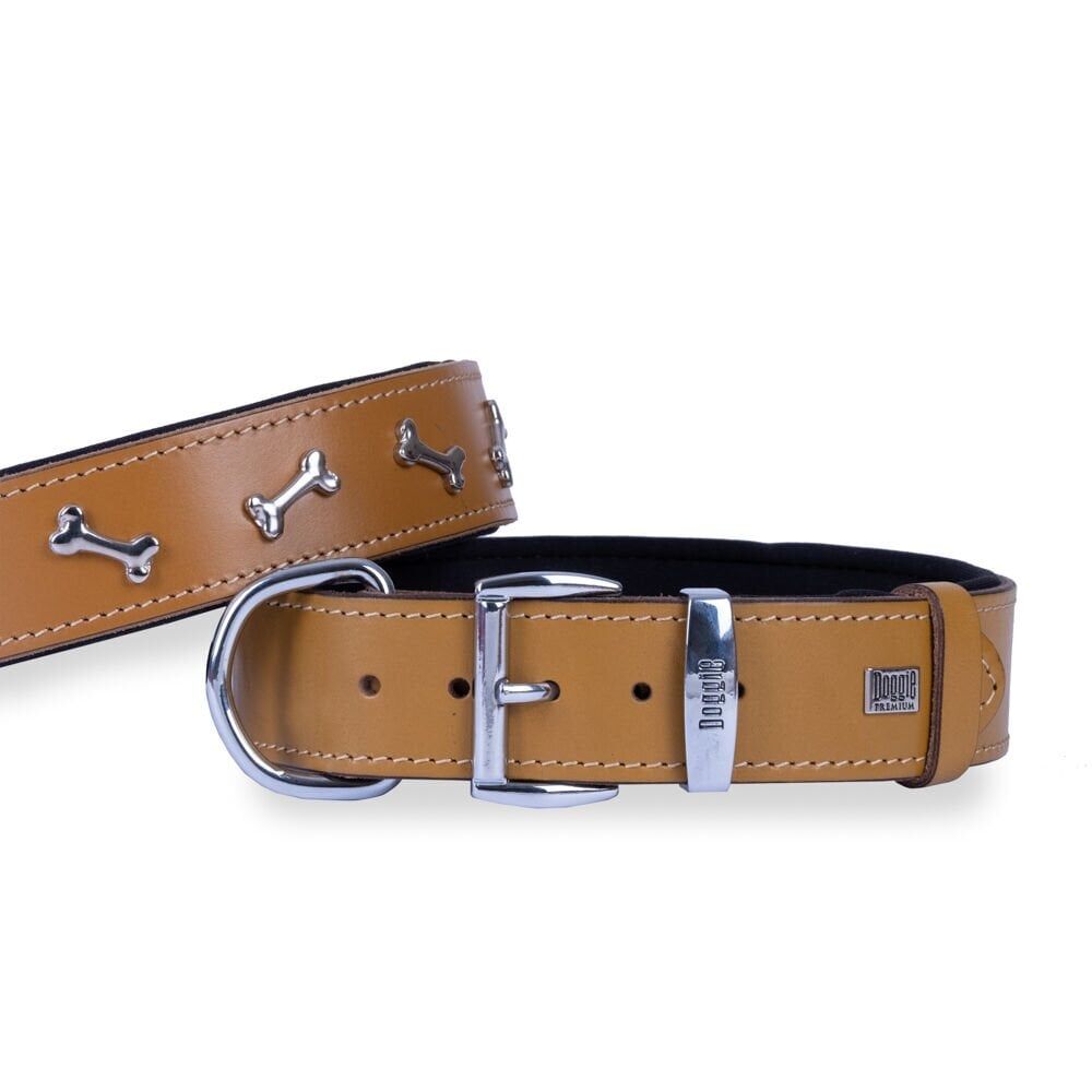 Doggie Konforlu Gerçek Deriden El Yapımı Kemik Süslü Köpek Boyun Tasması 4x57-65cm - Camel
