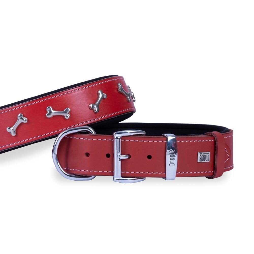 Doggie Konforlu Gerçek Deriden El Yapımı Kemik Süslü Köpek Boyun Tasması 4x57-65cm - Red