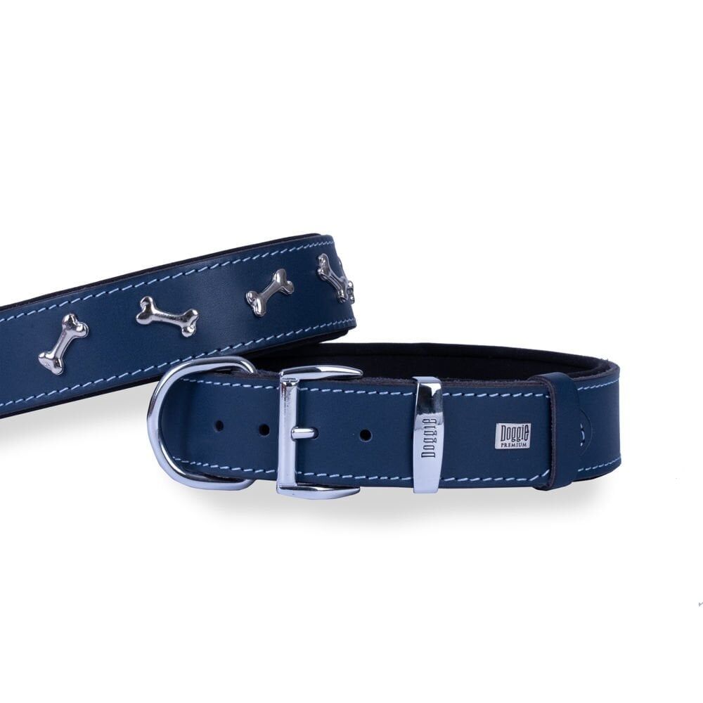 Doggie Konforlu Gerçek Deriden El Yapımı Kemik Süslü Köpek Boyun Tasması 4x57-65cm - Royal Blue