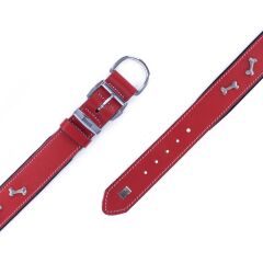 Doggie Konforlu Gerçek Deriden El Yapımı Kemik Süslü Köpek Boyun Tasması 4x47-55cm - Red