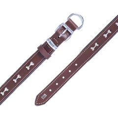 Doggie Konforlu Gerçek Deriden El Yapımı Kemik Süslü Köpek Boyun Tasması 2,5x37-45cm - Brown